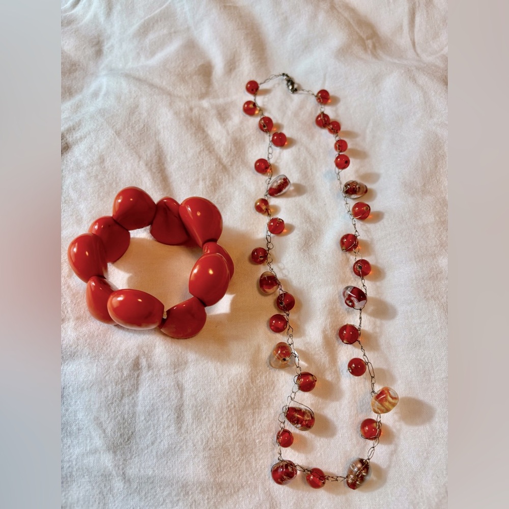 Elegant orange Red glass Beaded Necklace and wooden Bracelet Set